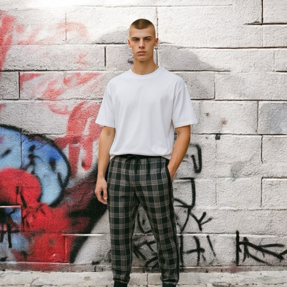 Ational Etudes Blue Black and White Plaid Joggers